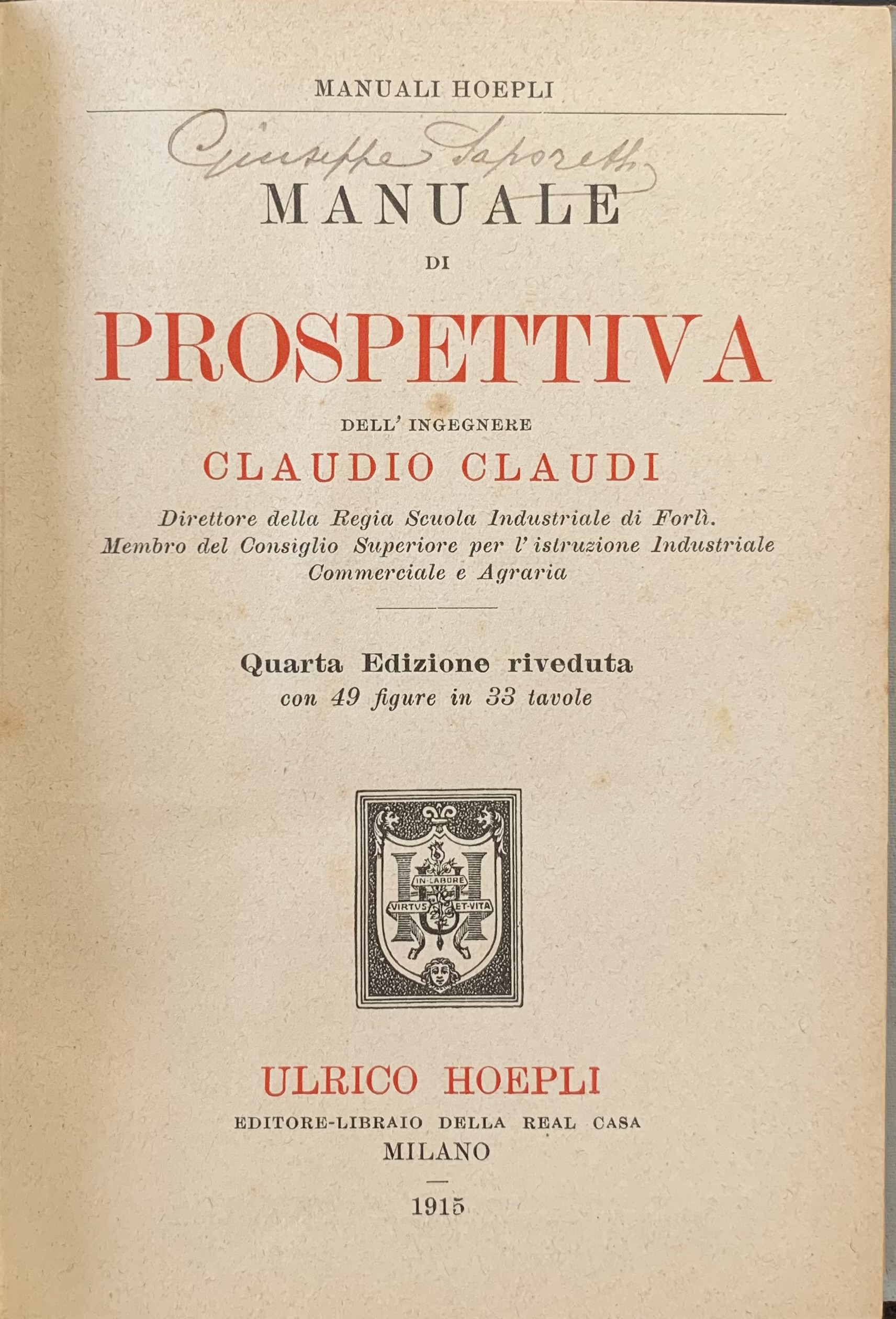 Claudio Claudi - Manuale di prospettiva   [Hoepli Milano, 1915] - immagine 3