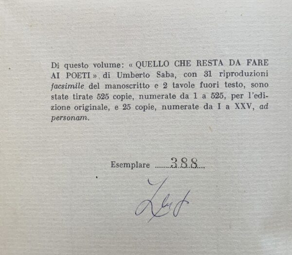 Umberto Saba - Quello che resta da fare ai poeti   [Edizioni dello Zibaldone Trieste, 1959]