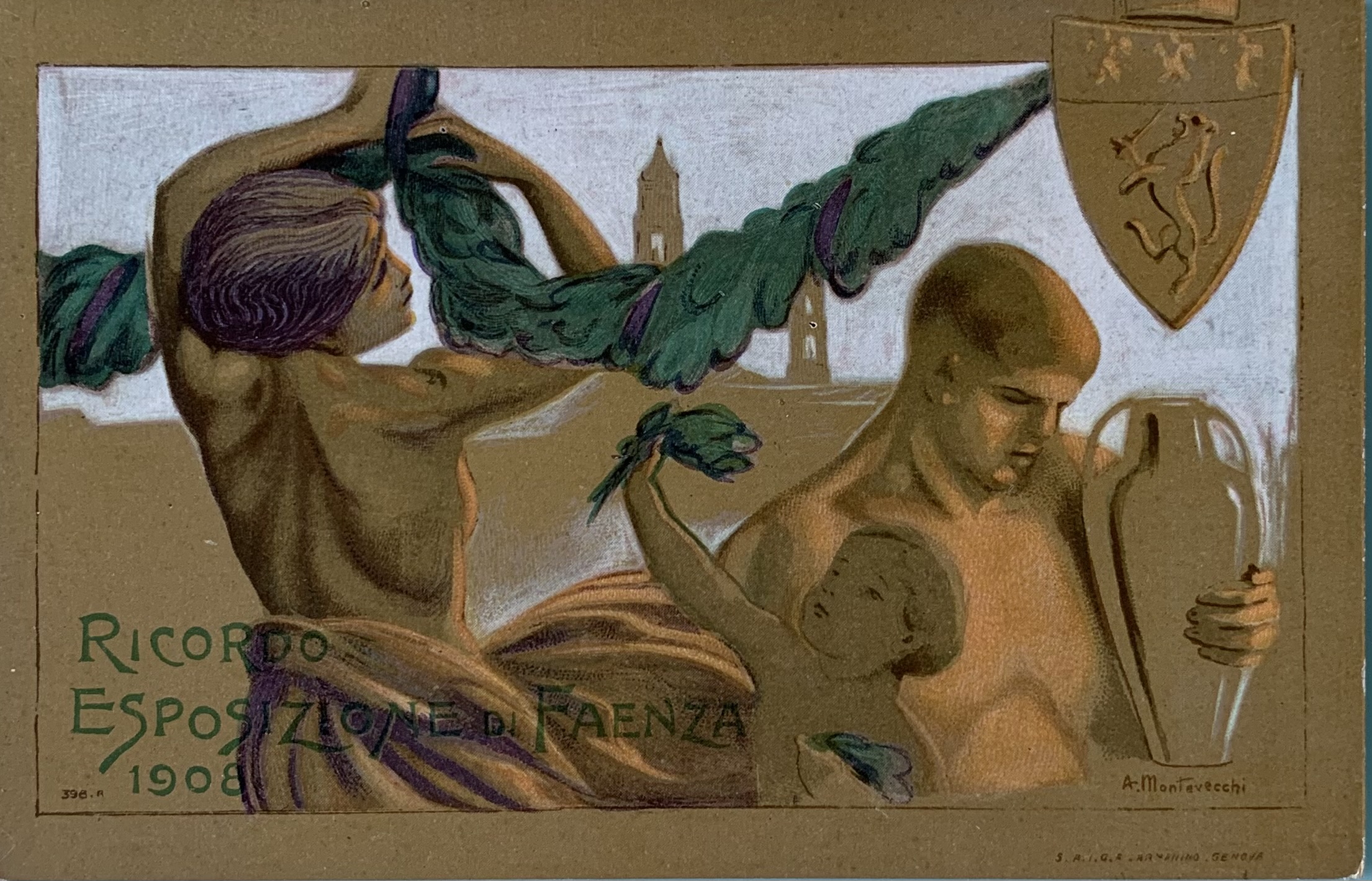 Cartolina d'epoca - Ricordo Esposizione di Faenza. Onoranze a Evangelista Torricelli 1908 - immagine 1