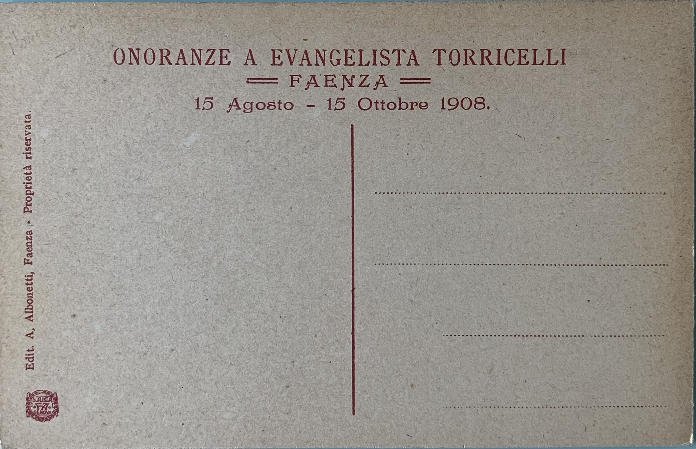 Cartolina d'epoca - Ricordo Esposizione di Faenza. Onoranze a Evangelista Torricelli 1908 - immagine 2