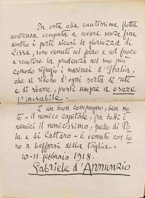 D'Annunzio, Gabriele - La beffa di Buccari con aggiunti La canzone del Quarnaro, Il catalogo dei trenta di Buccari, Il cartello manoscritto e due carte marine   [Fratelli Treves Milano, 1918]