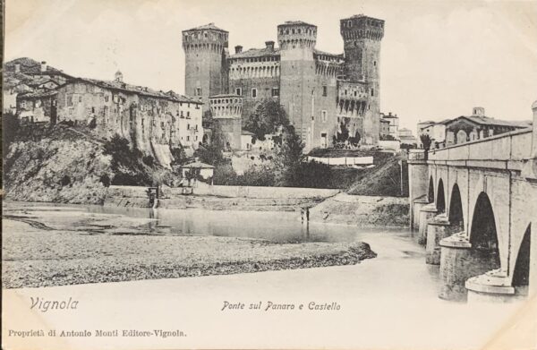Cartolina d'epoca - Vignola (Modena). Ponte sul Panaro e Castello 1906