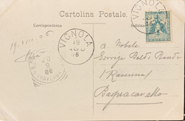 Cartolina d'epoca - Vignola (Modena). Ponte sul Panaro e Castello 1906