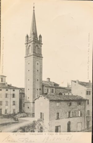 Cartolina d'epoca - Vignola (Modena). Campanile e Casa di Ricovero 1906