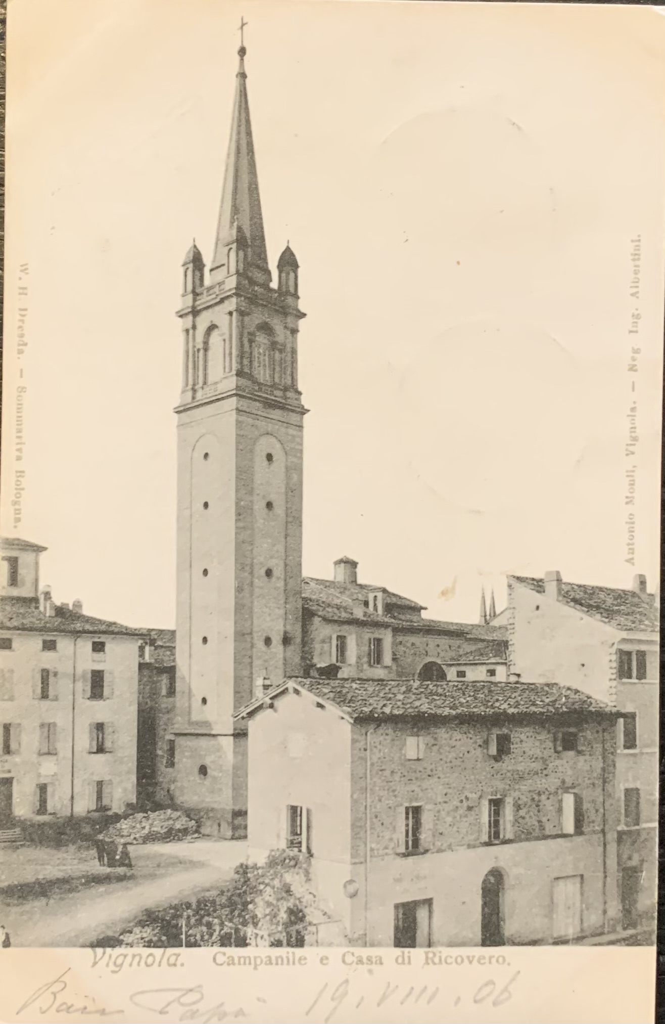 Cartolina d'epoca - Vignola (Modena). Campanile e Casa di Ricovero 1906 - immagine 1