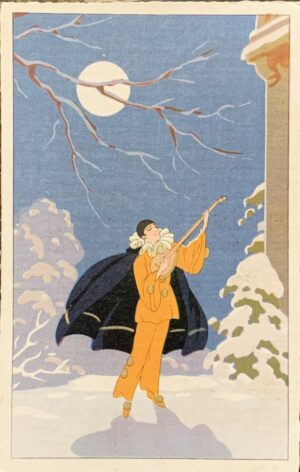 Cartolina d'epoca - Pierrot suona alla luna 1929 (Giovanni Meschini)