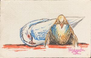 Cartolina d'epoca - Futurismo. Disegno originale di Osvaldo Bot. Coppia di uccelli. Firmato Karamba 1932