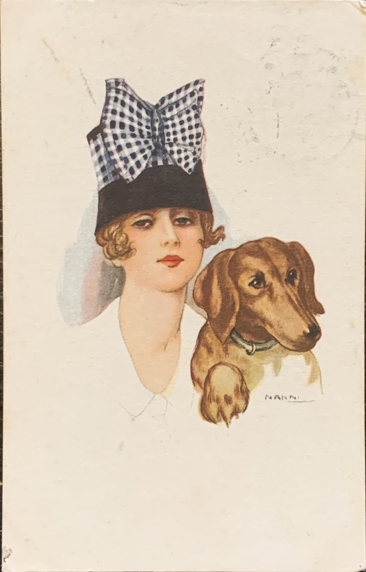 Cartolina d'epoca - Donnina in blu con cagnolino 1917 (Giovanni Nanni) - immagine 1