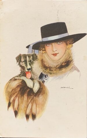 Cartolina d'epoca - Donnina con pelliccia e cagnolino 1917 (Giovanni Nanni)