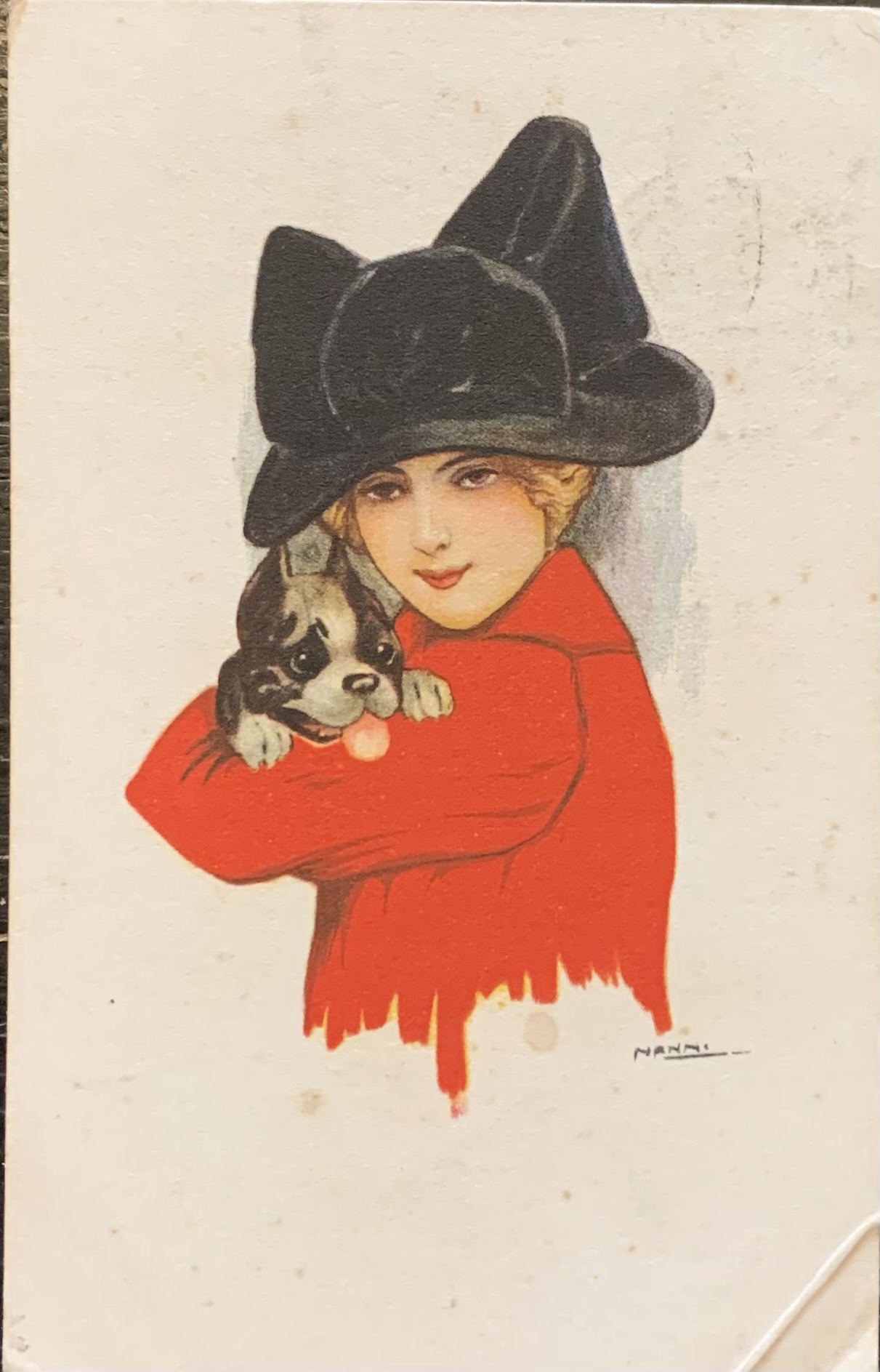Cartolina d'epoca - Donnina in rosso con cagnolino 1917 (Giovanni Nanni) - immagine 1