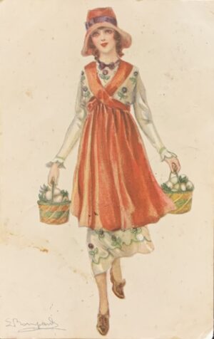 Cartolina d'epoca - Donnina con cestini di uova 1918 (Sergio Bompard)