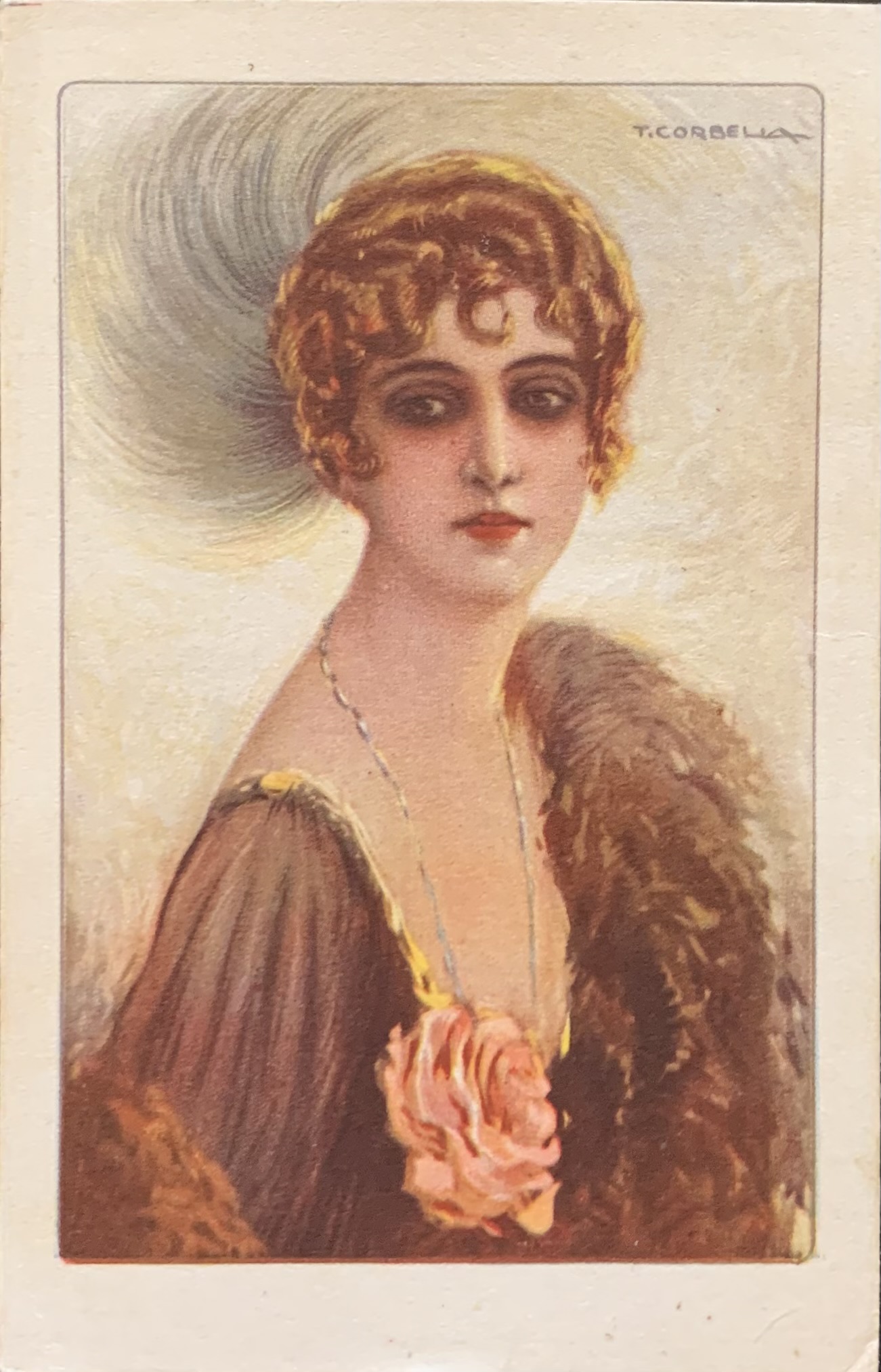 Cartolina d'epoca - Donnina con rosa 1918 (Tito Corbella) - immagine 1