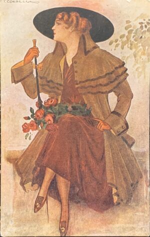 Cartolina d'epoca - Donnina in rosso 1919 (Tito Corbella)