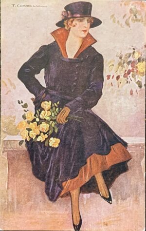 Cartolina d'epoca - Donnina in nero e arancione 1919 (Tito Corbella)