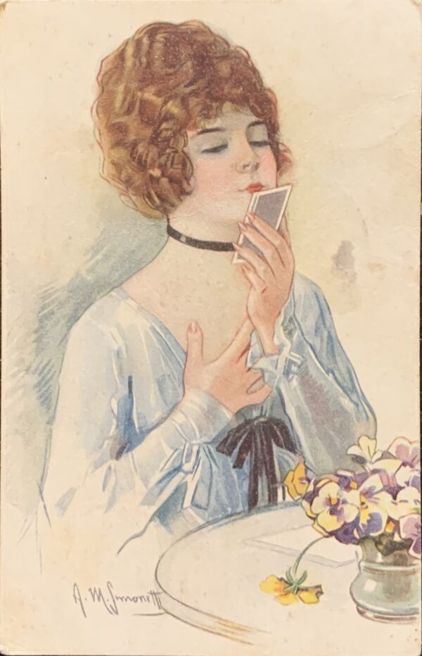 Cartolina d'epoca - Donnina che scrive lettera d'amore 1920 (Amedeo Simonetti)