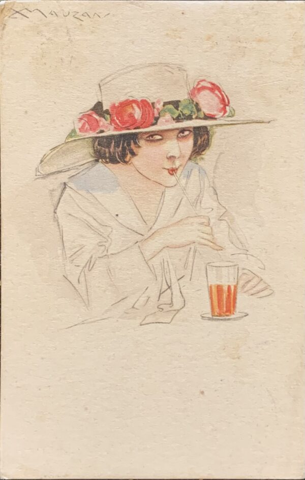 Cartolina d'epoca - Donnina che beve bibita 1918 (Achille Luciano Mauzan)