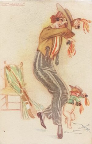 Cartolina d'epoca - Donnina ballerina di Flamenco con putto 1918 (Achille Luciano Mauzan)