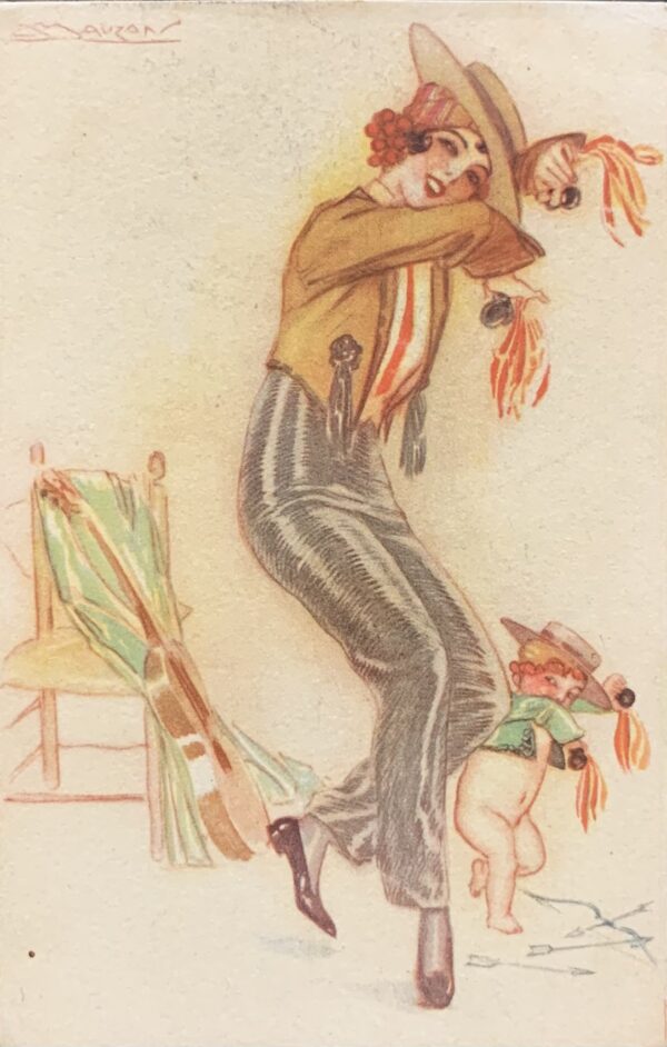 Cartolina d'epoca - Donnina ballerina di Flamenco con putto 1918 (Achille Luciano Mauzan)