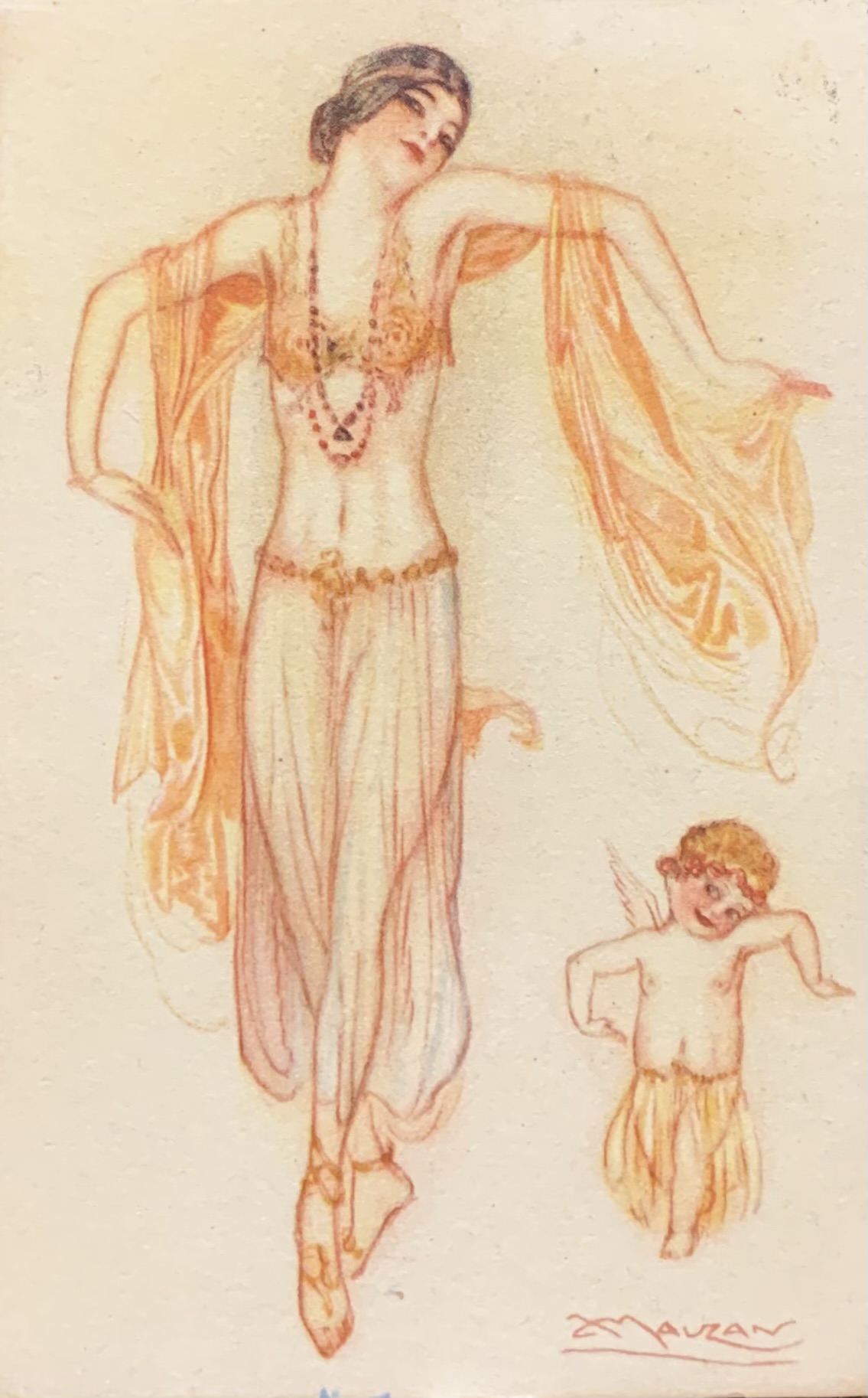 Cartolina d'epoca - Donnina odalisca con putto 1918 (Achille Luciano Mauzan) - immagine 1