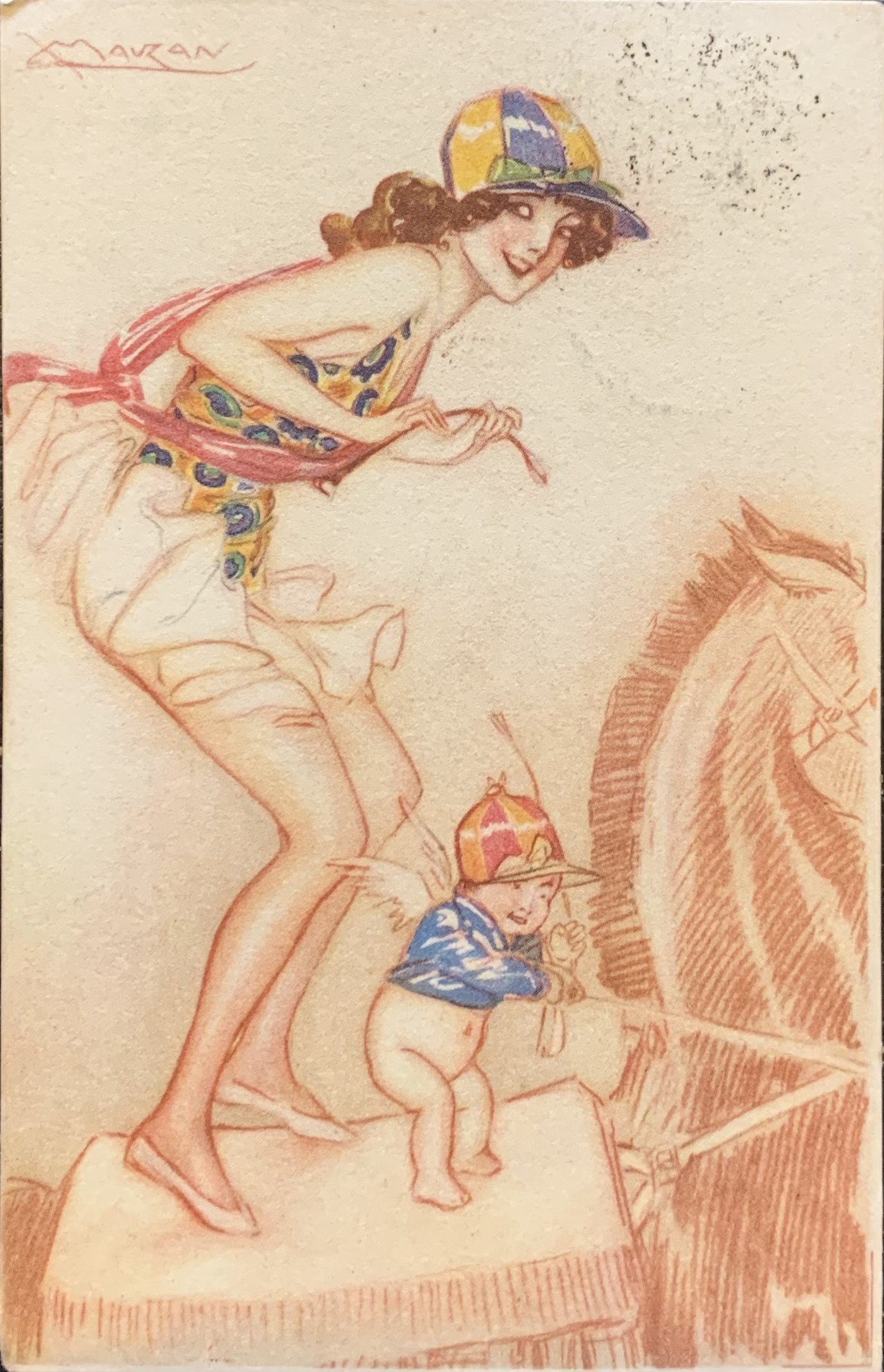 Cartolina d'epoca - Donnina cavallerizza con putto 1918 (Achille Luciano Mauzan) - immagine 1