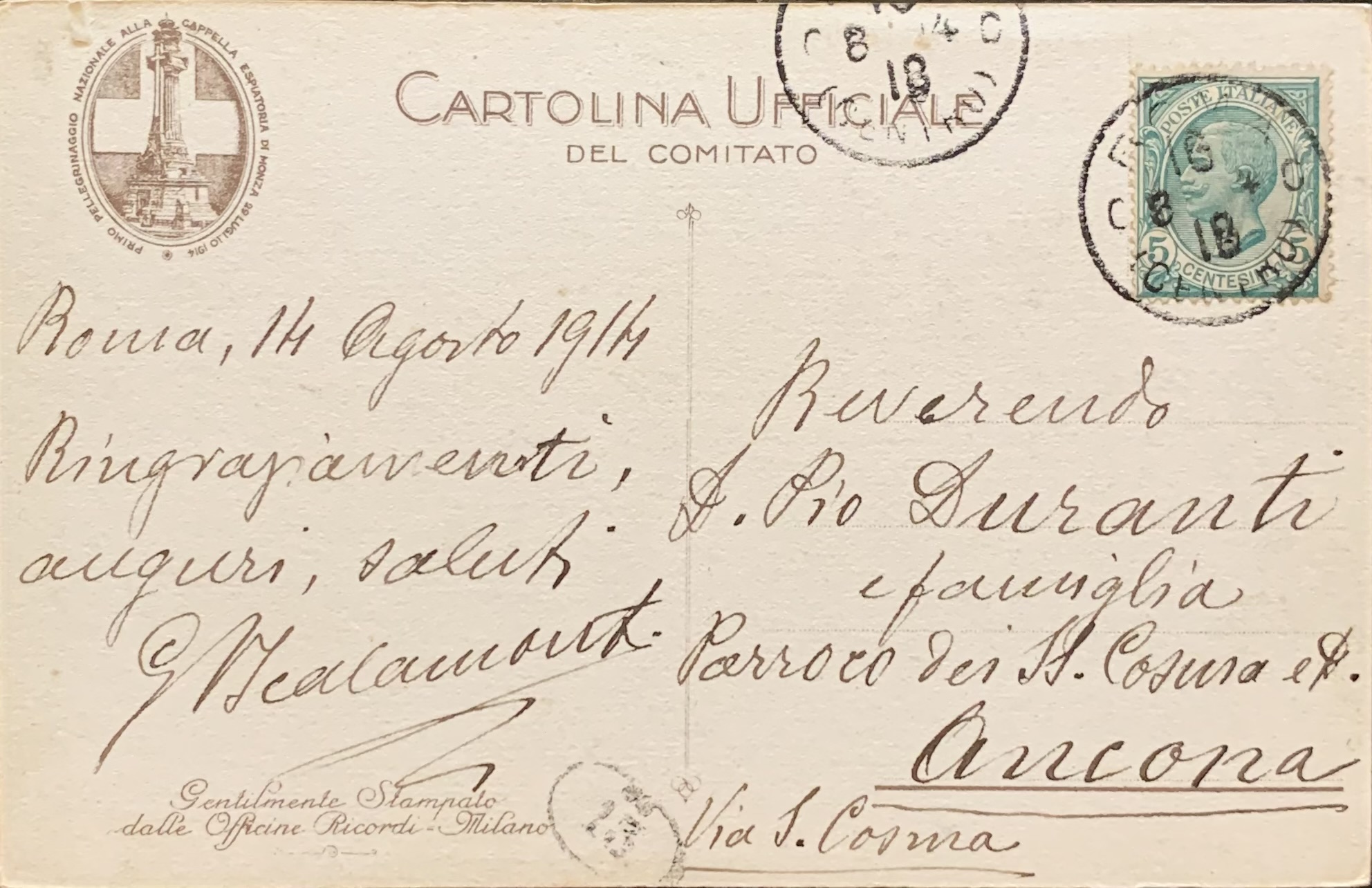 Cartolina d'epoca - Primo Pellegrinaggio Nazionale alla Cappella Espiatoria di Monza 1914 - immagine 2