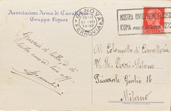 Cartolina d'epoca - Associazione Arma di Cavalleria Gruppo Ligure 1934 (Antonio Morera)