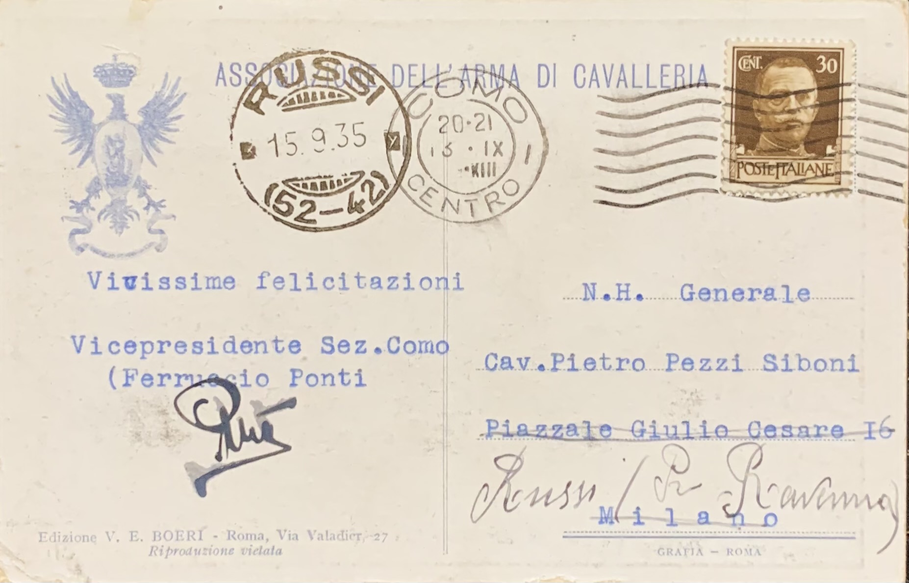Cartolina d'epoca - Associazione dell'Arma di Cavalleria 1935 (Vittorio Pisani) - immagine 2