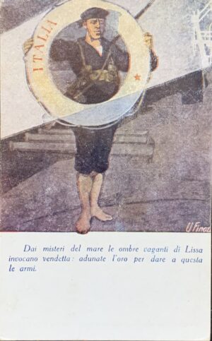 Cartolina d'epoca - Prima Guerra Mondiale. Dai misteri del mare le ombre vaganti di Lissa invocano vendetta 1916 (Ugo Finozzi)