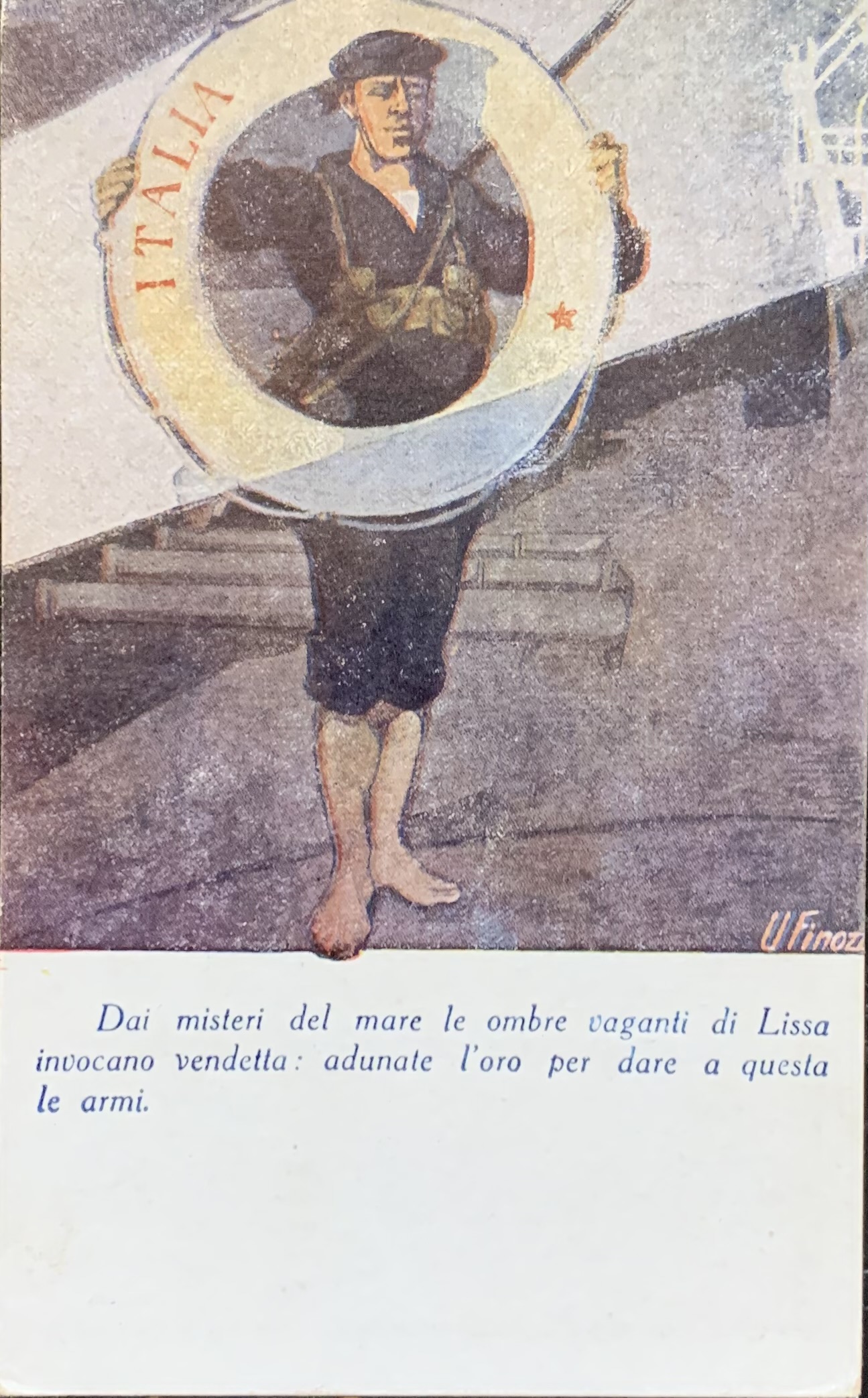 Cartolina d'epoca - Prima Guerra Mondiale. Dai misteri del mare le ombre vaganti di Lissa invocano vendetta 1916 (Ugo Finozzi) - immagine 1