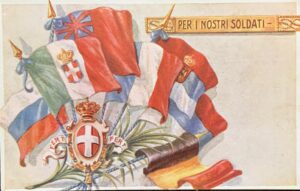 Cartolina d'epoca - Prima Guerra Mondiale. Per i nostri soldati. Gruppo Femminile Assistenza Profughi, Combattenti e Famiglie Torino 1917