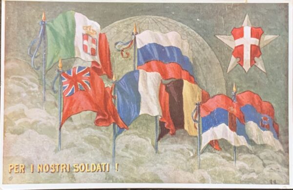 Cartolina d'epoca - Prima Guerra Mondiale. Per i nostri soldati. Gruppo Femminile Assistenza Profughi, Combattenti e Famiglie Torino 1917