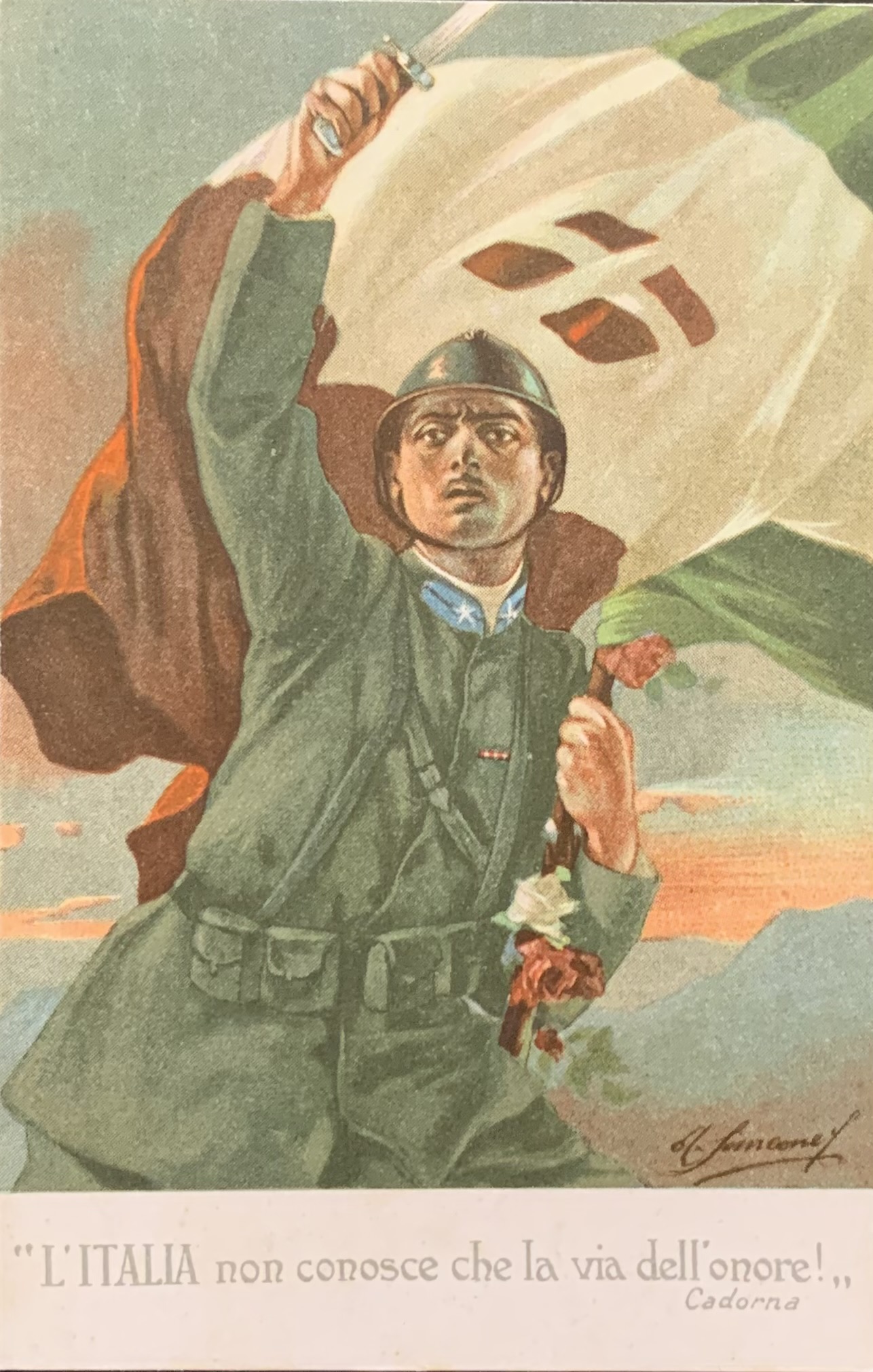 Cartolina d'epoca - Prima Guerra Mondiale. L'Italia non conosce che la via dell'onore 1916 (Adolfo Simeone) - immagine 1