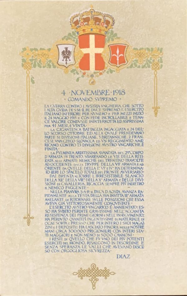 Cartolina d'epoca - Prima Guerra Mondiale. Bollettino della Vittoria del Generale Diaz 1918