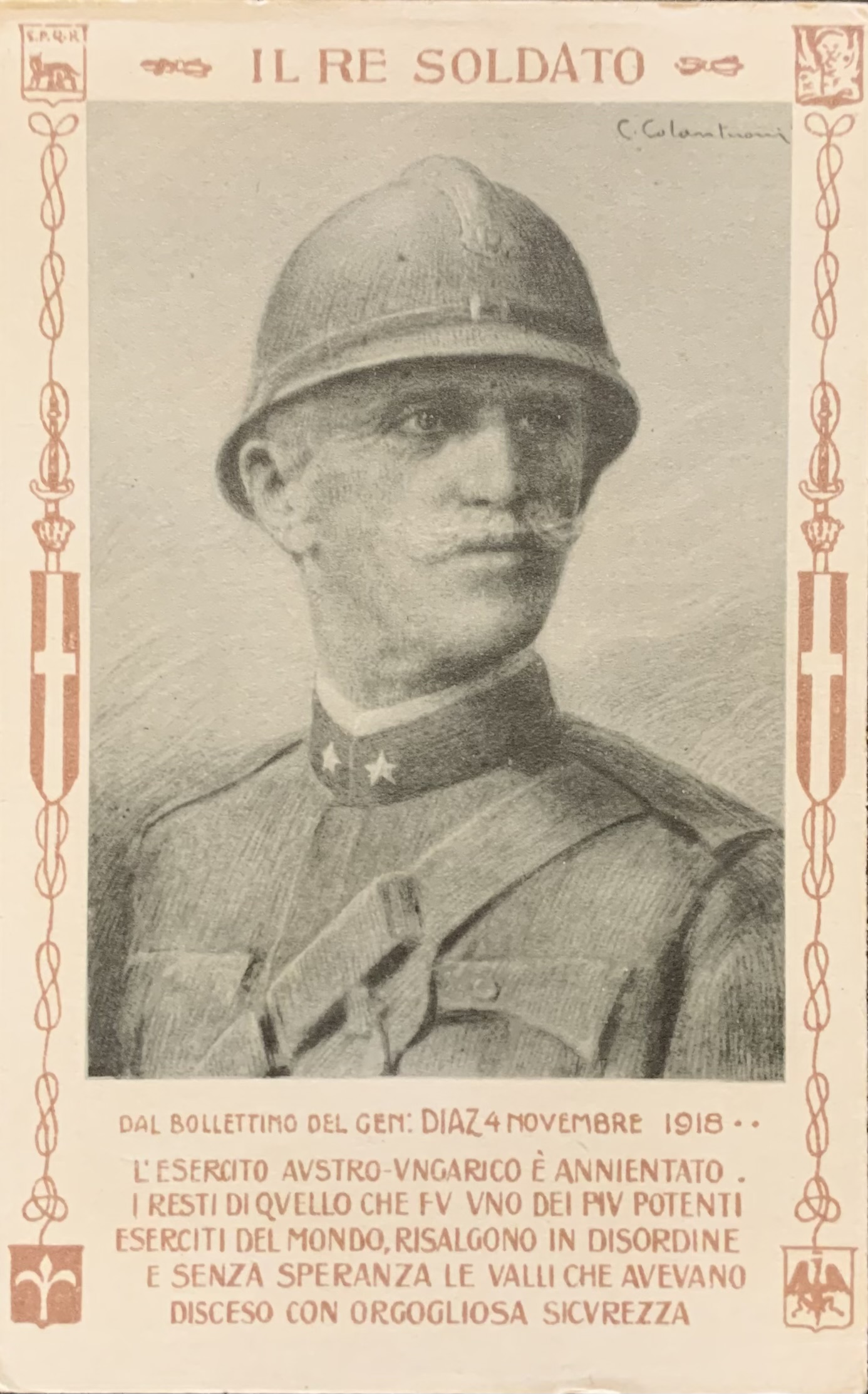 Cartolina d'epoca - Prima Guerra Mondiale. Il Re Soldato 1918 (Costante Colantuoni)
