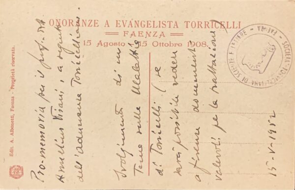 Cartolina d'epoca - Terzo Centenario dalla Nascita di Evangelista Torricelli Faentino Faenza 1908 (Roberto Franzoni)