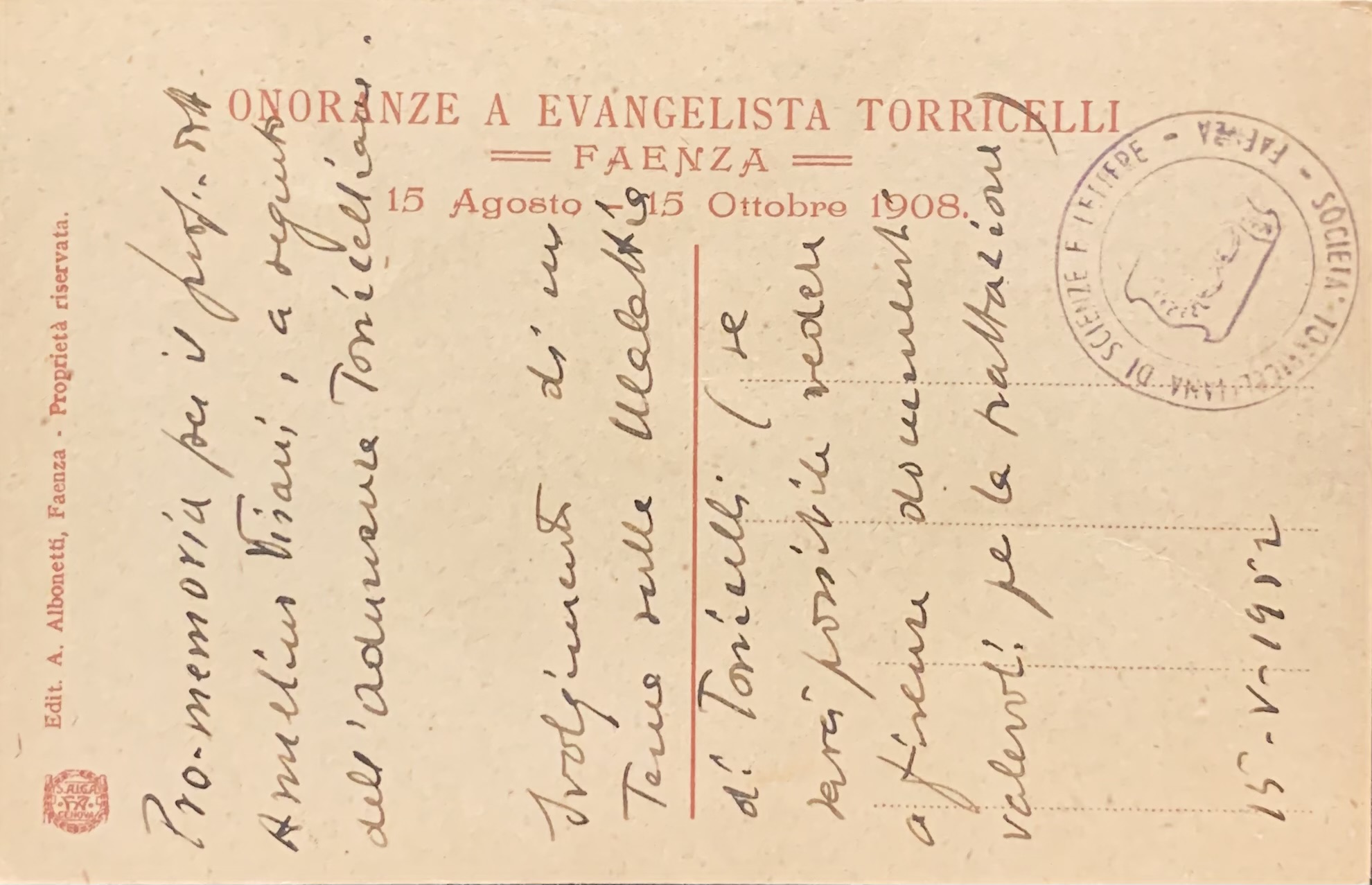 Cartolina d'epoca - Terzo Centenario dalla Nascita di Evangelista Torricelli Faentino Faenza 1908 (Roberto Franzoni) - immagine 2