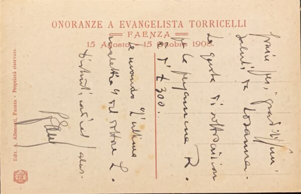 Cartolina d'epoca - Terzo Centenario dalla Nascita di Evangelista Torricelli Faentino Faenza 1908 (Achille Calzi)