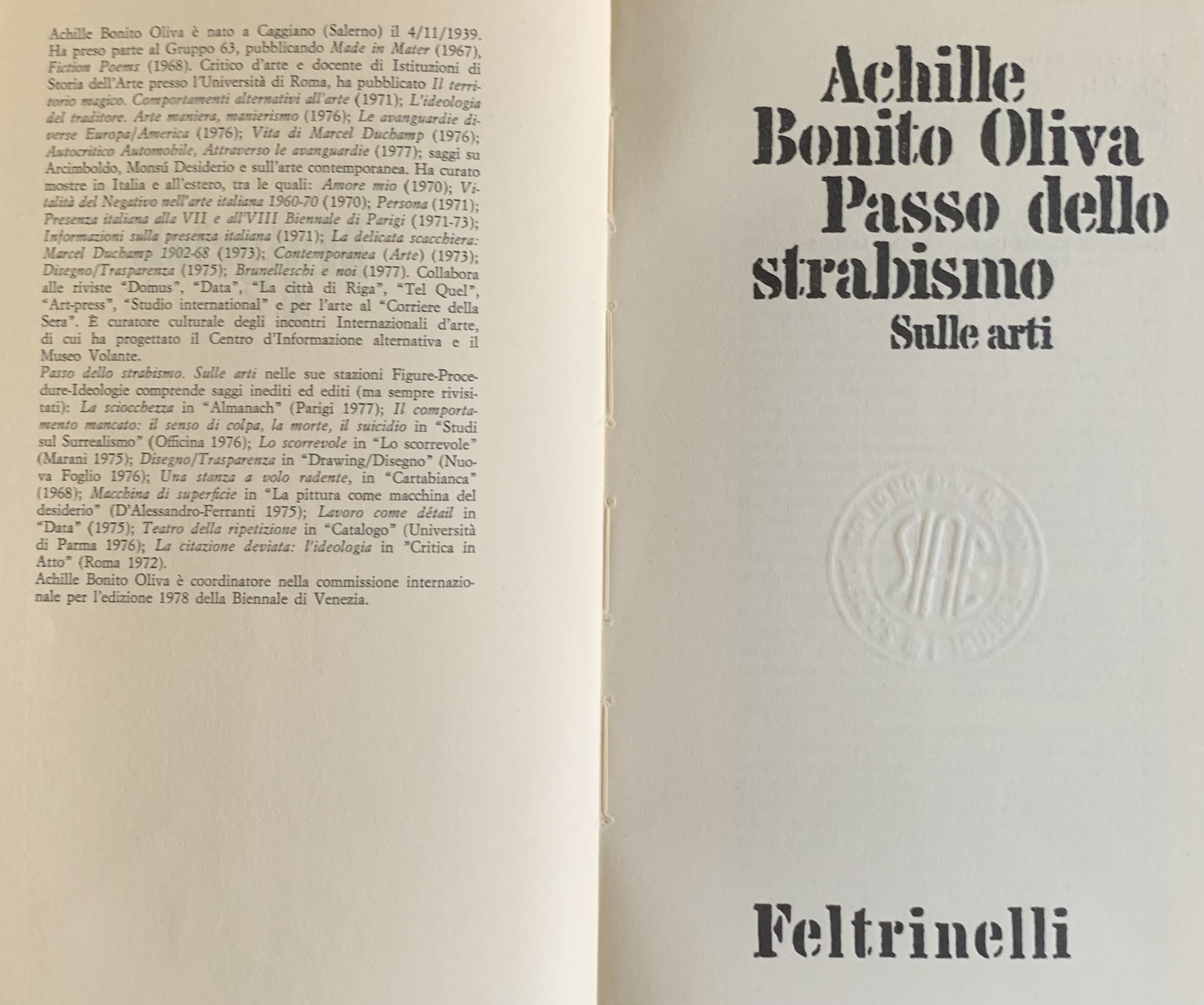 Bonito Oliva, Achille - Passo dello strabismo. Sulle arti   [Feltrinelli Milano, 1978] - immagine 3