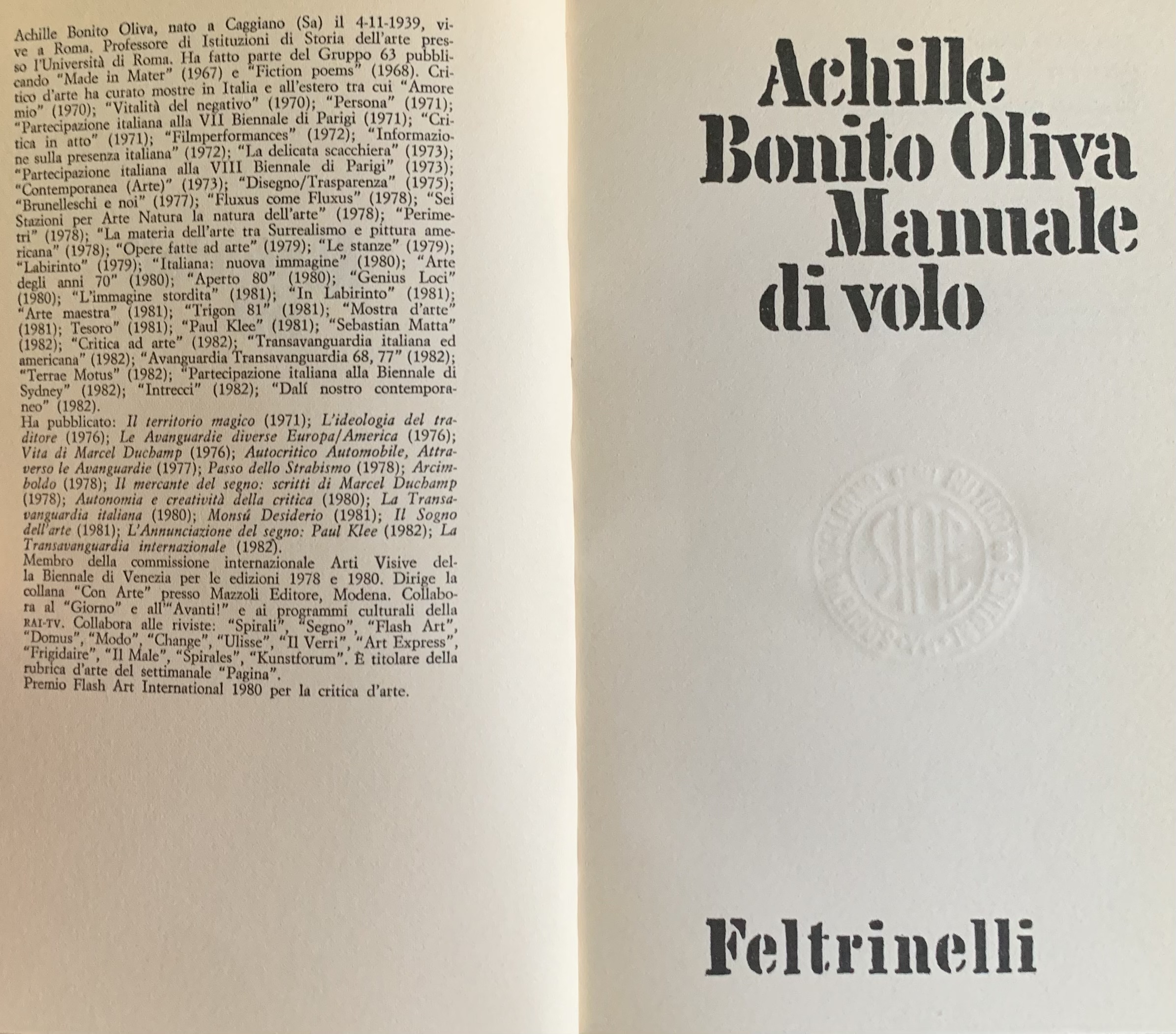Bonito Oliva, Achille - Manuale di volo   [Feltrinelli Milano, 1982] - immagine 3