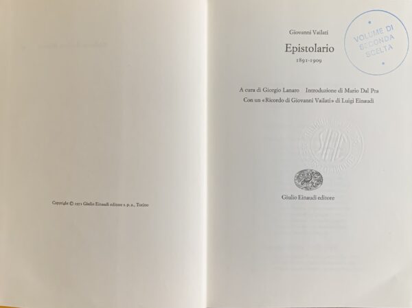 Vailati, Giovanni - Epistolario 1891-1909   [Einaudi Torino, 1971]