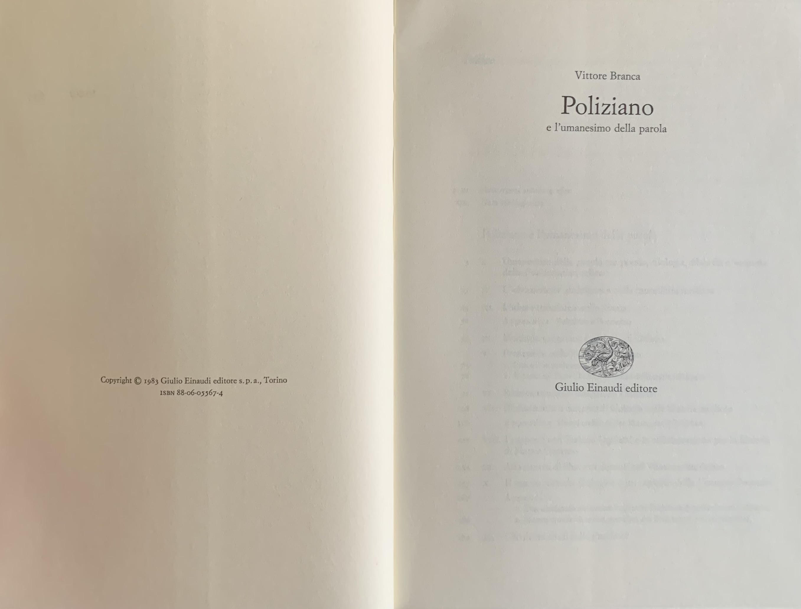 Branca, Vittore - Poliziano e l'umanesimo della parola   [Einaudi Torino, 1983] - immagine 3