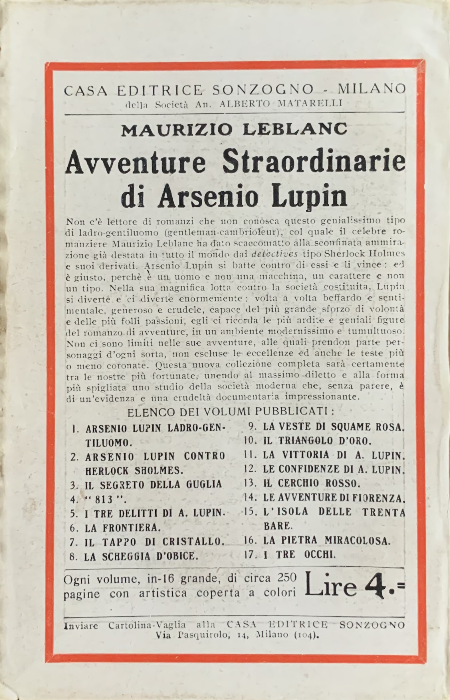 Leblanc, Maurice - Arsenio Lupin ladro gentiluomo   [Sonzogno Milano, 1928] - immagine 2