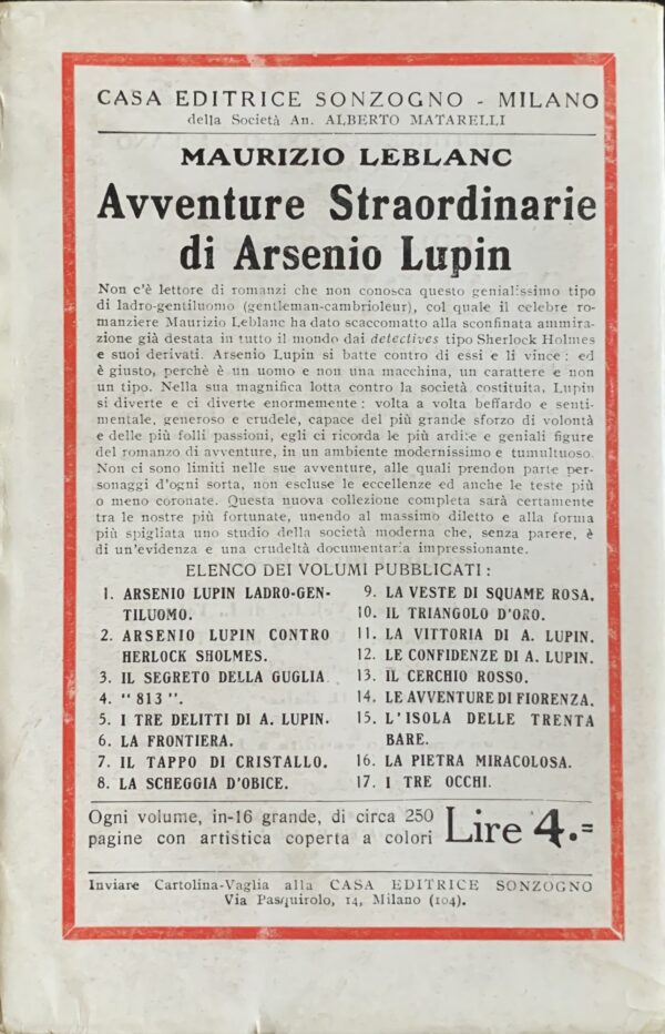 Leblanc, Maurice - Il tappo di cristallo   [Sonzogno Milano, 1929]
