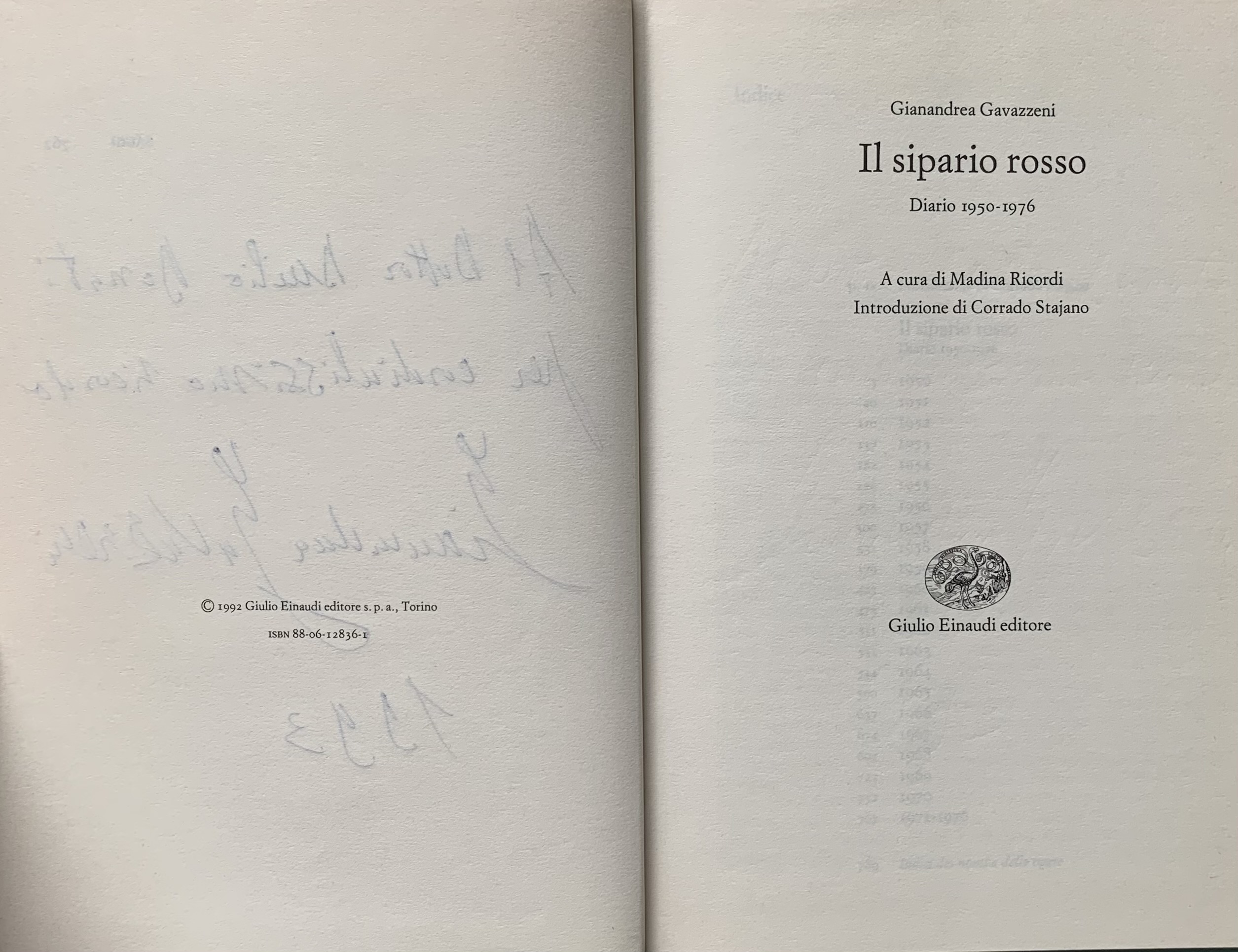 (Autografo) Gavazzeni, Gianandrea - Il sipario rosso. Diario 1950-1976   [Einaudi Torino, 1992]