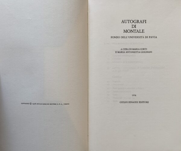 Montale, Eugenio - Autografi di Montale. Fondo dell'Università di Pavia   [Einaudi Torino, 1976]